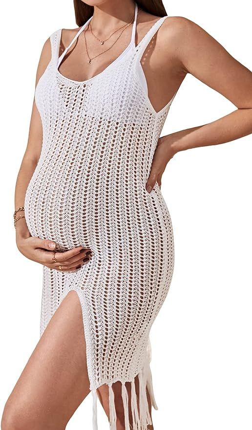WDIRARA Women's Maternity Fringe Swimsuit Coverup Open Knit Slit Sheer Short Beach Dress | Amazon (US)