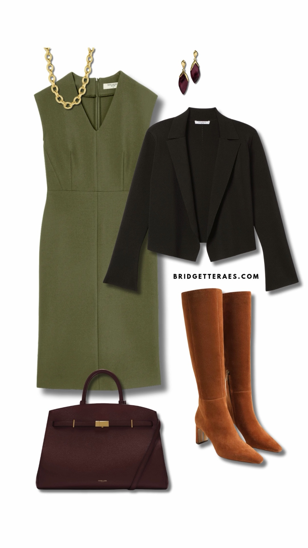 This look pairs timeless structure with rich seasonal tones for a powerful yet polished ensemble. The olive sheath dress creates a streamlined base, while the cropped black blazer adds sharp definition without overpowering the silhouette. Cognac suede boots bring warmth and texture, adding a refined earthiness that complements the dress. A deep burgundy structured handbag echoes the color of the gemstone drop earrings, pulling the outfit together with rich, cohesive contrast. Finished with a bold gold chain necklace, this outfit is ideal for  meetings or events where you want to project elegance and confidence without sacrificing comfort.

#LTKStyleTip #LTKItBag #LTKWorkwear