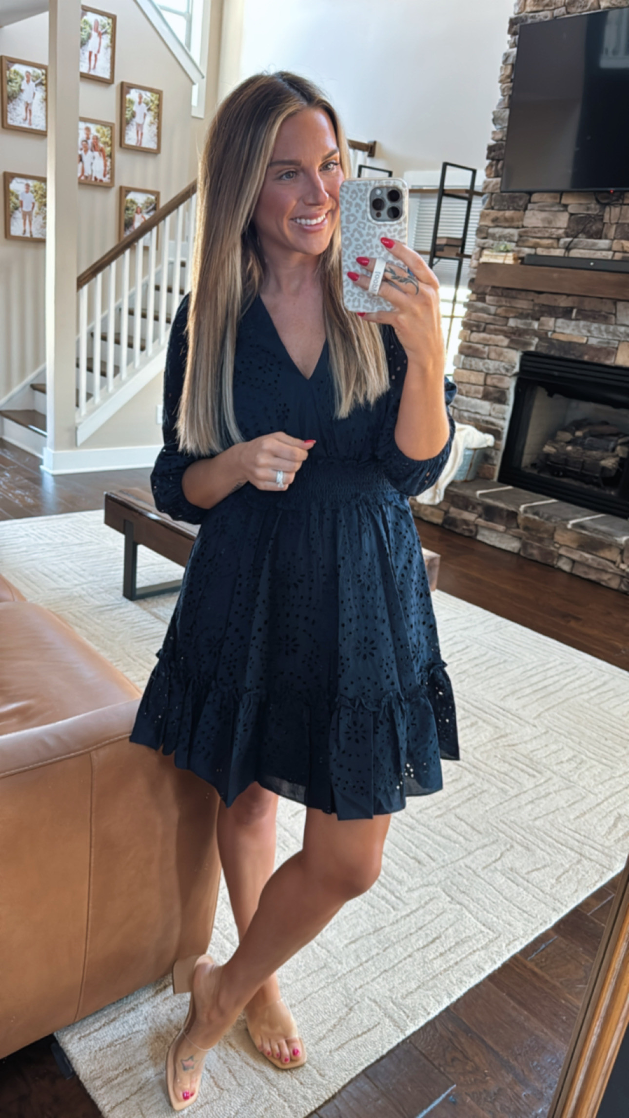 This dress is perfection for a spring wedding. The lace add a touch of class and the sleeve make it appropriate for church. The navy blue is stunning and that length!!! I paired with tan and clear block heel sandals and am linking addition styling options. 

 #LTKSpringSale #LTKSeasonal #LTKFindsUnder100