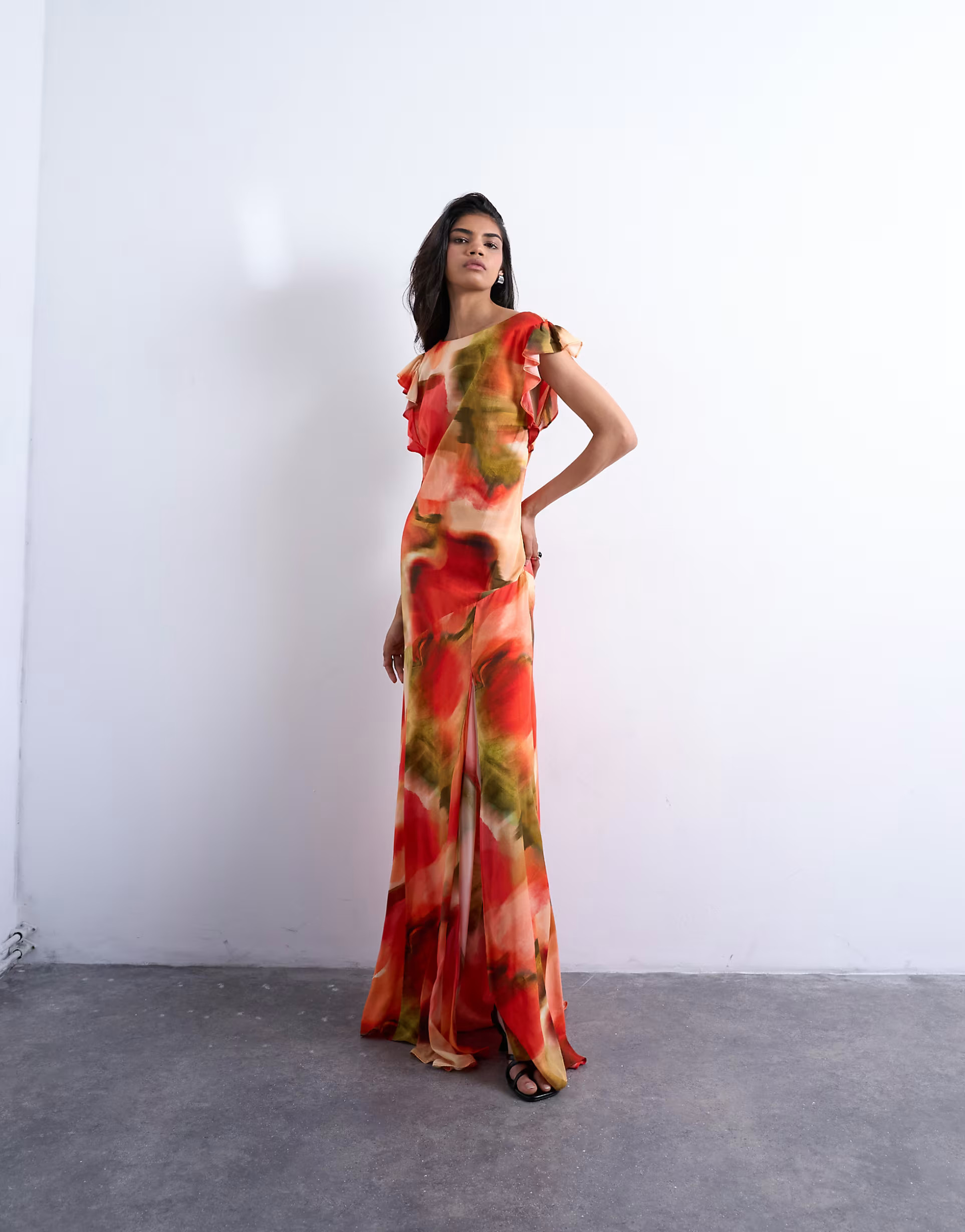 Topshop cowl back flutter sleeve maxi dress in abstract floral | ASOS (Global)