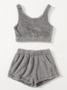 Fluffy Knit Flannel Tank Top With Shorts Lounge Set
   SKU: swlounge25210406119      
          (... | SHEIN