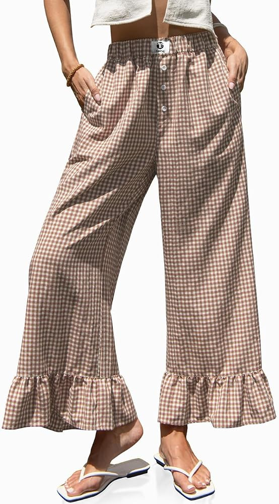 TARSE Womens Gingham Wide Leg Pants High Waist Ruffle Hem Trousers | Amazon (US)
