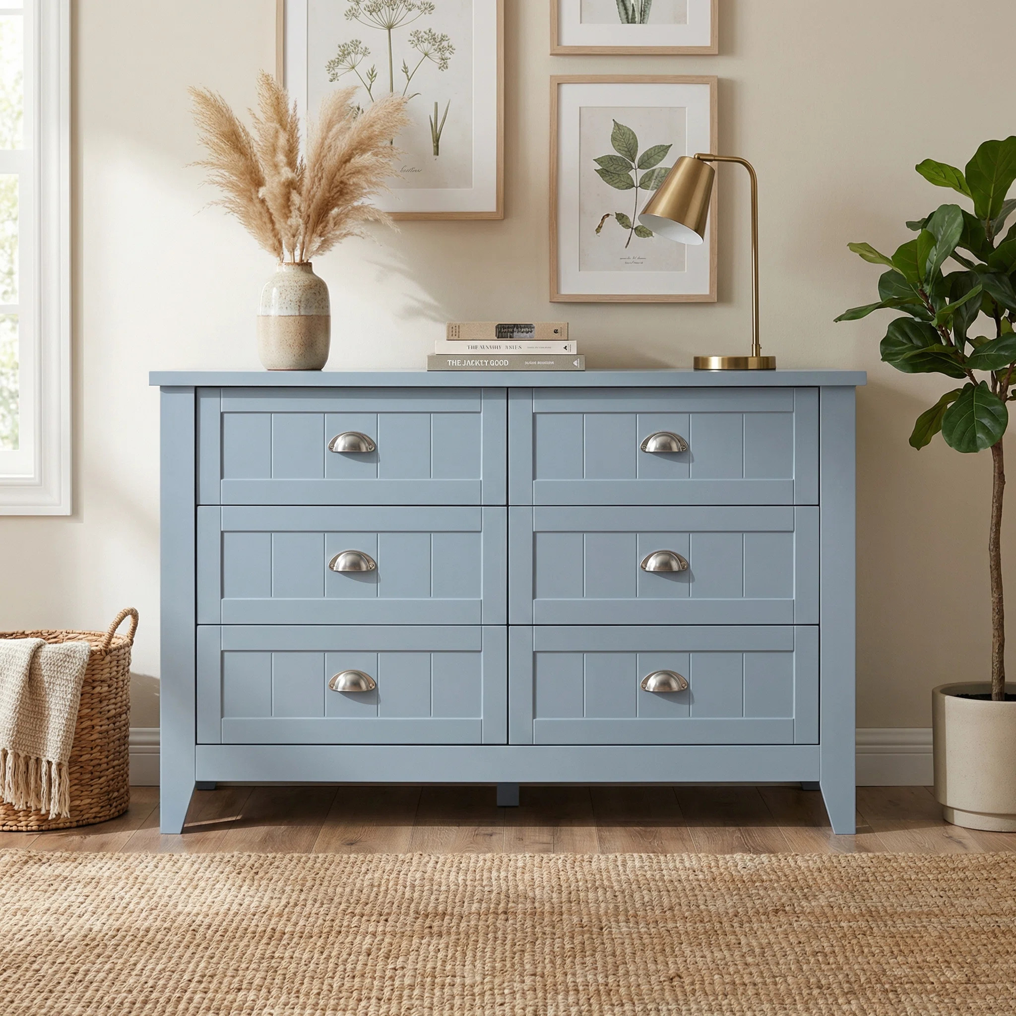 Custom Blue 3+3-Drawer Saundra Dresser With Silver Shell Handles, Sturdy Legs & Spacious Storage | Wayfair North America