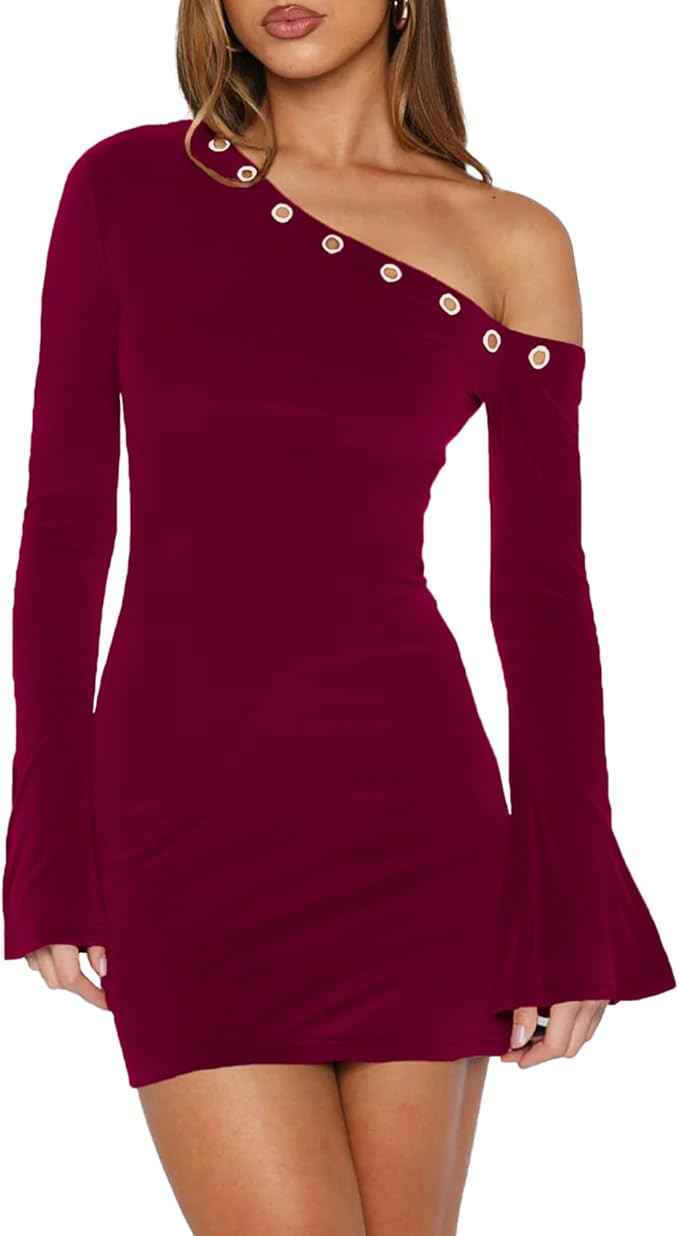 Women's Fall Off The Shoulder Long Flared Sleeve Mini Dress Neckline with Silver Eyelet Bodycon P... | Amazon (US)