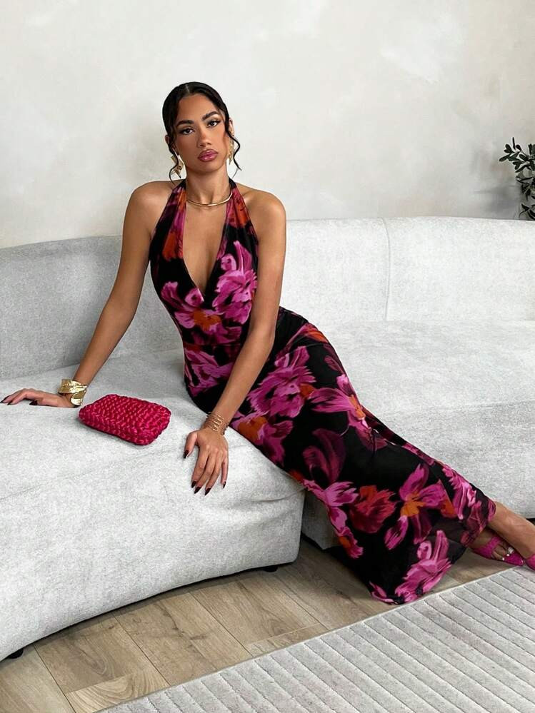 SHEIN BAE Halter Cowl Collar Mesh Printed Mermaid Dress,Summer Dresses For Women,Tea Party Dress | SHEIN