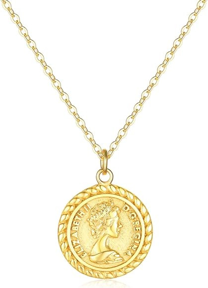 Mevecco Carved Gold Coin Pendant Necklace for Women,18K Gold Plated Dainty Minimalist Necklace fo... | Amazon (US)