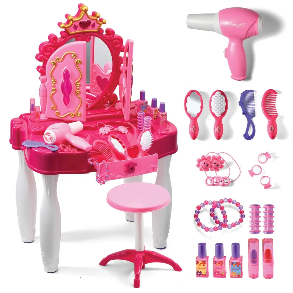 Pretend Play Vanity Set with Mirror and Stool 20 PCS - Kids Makeup Vanity Table Set with Lights a... | Walmart (US)