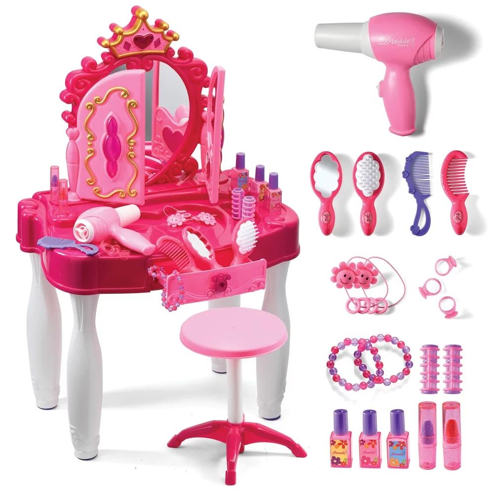 Pretend Play Vanity Set with Mirror and Stool 20 PCS - Kids Makeup Vanity Table Set with Lights a... | Walmart (US)