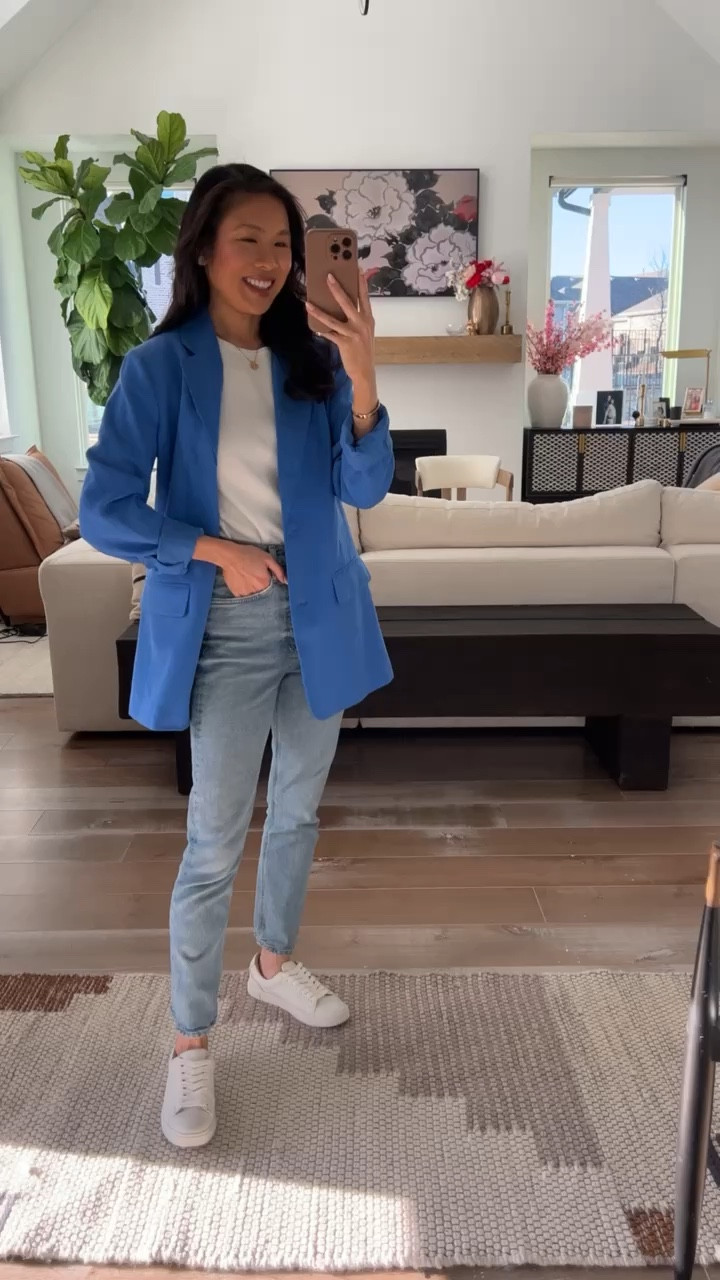 Smart casual spring outfit with my favorite knit top paired with blue blazer in size 0 that is slightly too big so I would recommend sizing down a size or two! Blazer is on sale for 30% off  Paired it with my all time favorite jeans that I have in a size 24, I recommend sizing down in the jeans also. Finished the look with white leather sneakers that have become a staple in my closet and are so comfortable for long periods of wearing! 

#LTKsalealert #LTKSeasonal #LTKstyletip