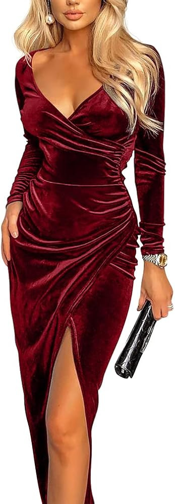 ZileZile Women's Sexy Long Sleeve Ruched Dress Velvet V Neck Cocktail Party Evening Club Maxi Dre... | Amazon (US)