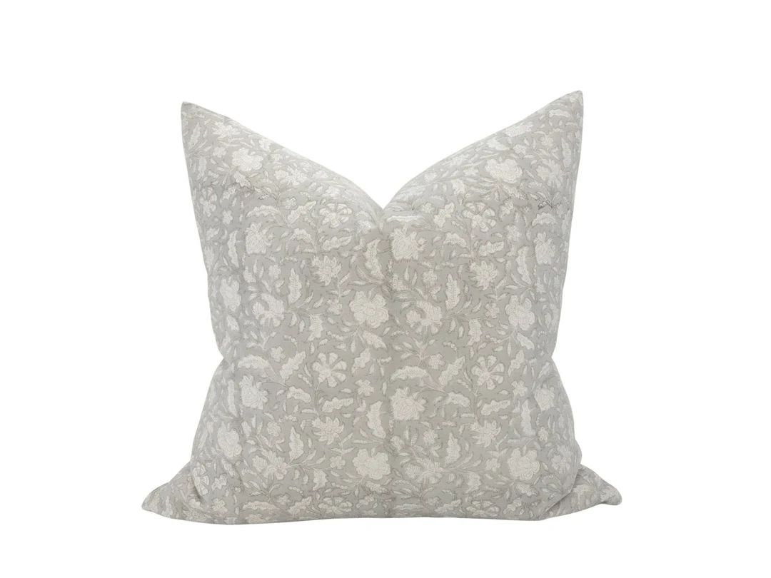 ANJU || Light Grey Floral Pillow Cover Grey Block Print Pillow Light Gray Pillow Gray Floral Farm... | Etsy (US)