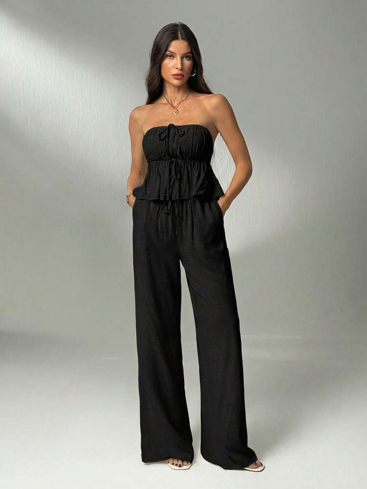 SHEIN Tall Women's Fashion Solid Color Pleated Bandeau Top & Pants 2 Pieces Set | SHEIN