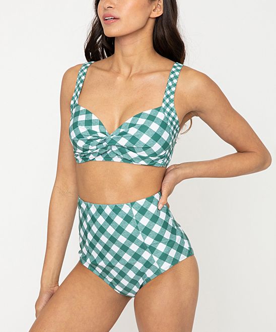 Marina West Women's Bikini Bottoms Gingham - Forest Gingham Twist-Front Bikini Top & High-Waist Bott | Zulily