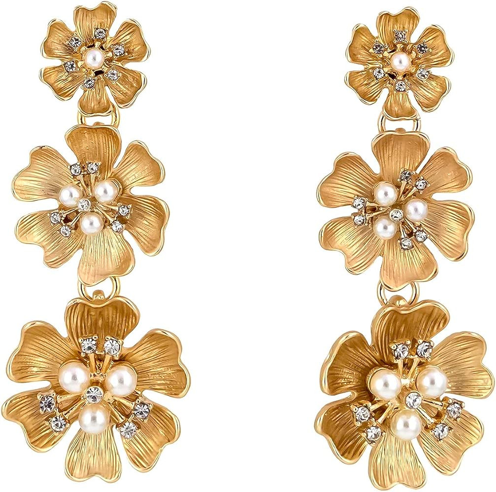 Laura Ashley Womens Jewelry Gold and Silver Triple Flower Drop Floral Dangle Earrings with Crysta... | Amazon (US)