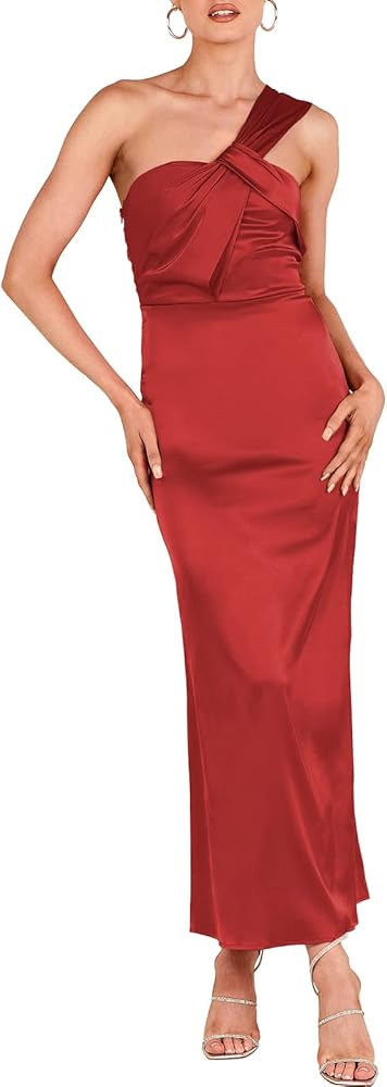 ANRABESS Women's Satin One Shoulder Wedding Guest Bodycon Dress Cocktail Evening Party Maxi Dress... | Amazon (US)