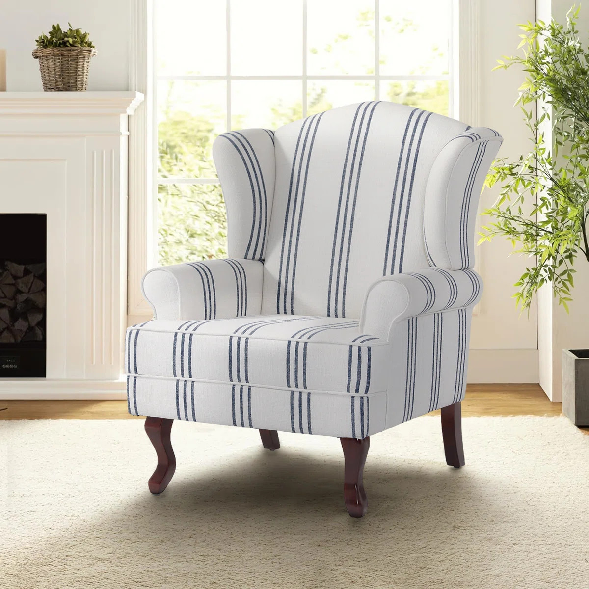 Duward Stripe Navy Linen Upholstered Wingback Accent Chair with Rolled Arm and Solid Wood Leg | Wayfair North America