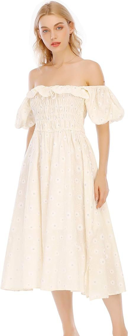 Womens Summer Floral Print Puff Sleeve Ruffle Midi Dress | Amazon (US)