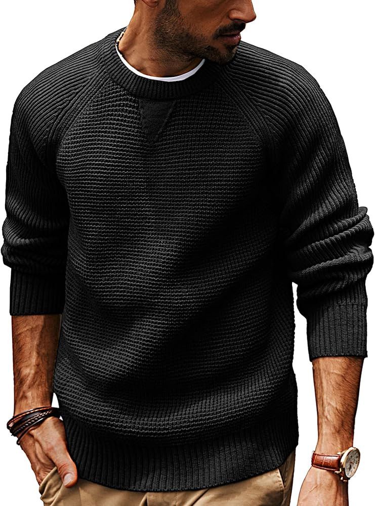 PJ PAUL JONES Mens Crewneck Sweater Waffle Knitted Pullover Sweaters Raglan Sleeve Knitwear Sweat... | Amazon (US)