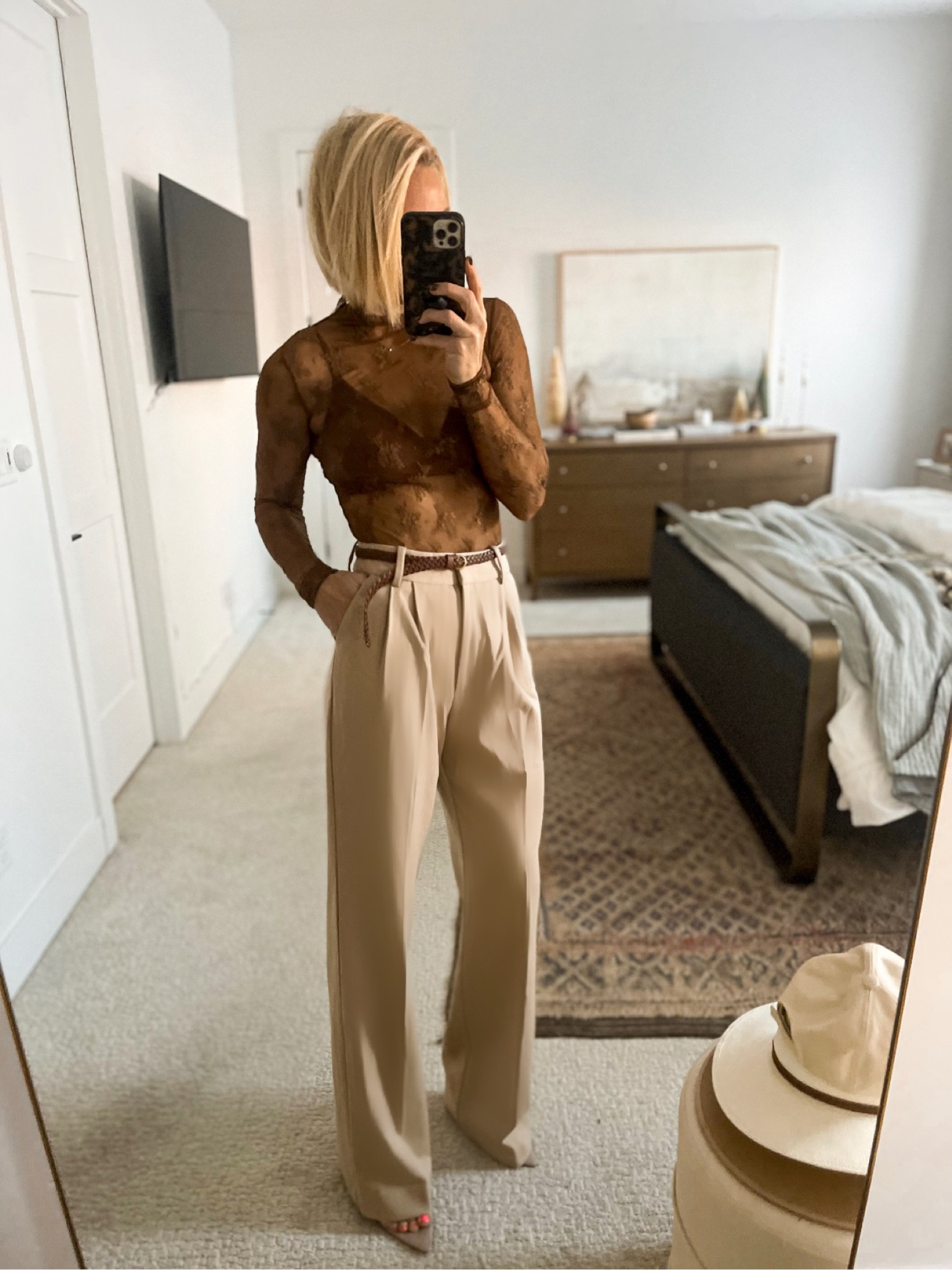 neutral outfit, brown and beige 
Pants - wearing size 6 (run a little big)
Top - wearing size medium, more colors 
Trousers, lace top, bralette, nude shoes, skinny belt.
#LTKHoliday #LTKGiftGuide

#LTKSeasonal