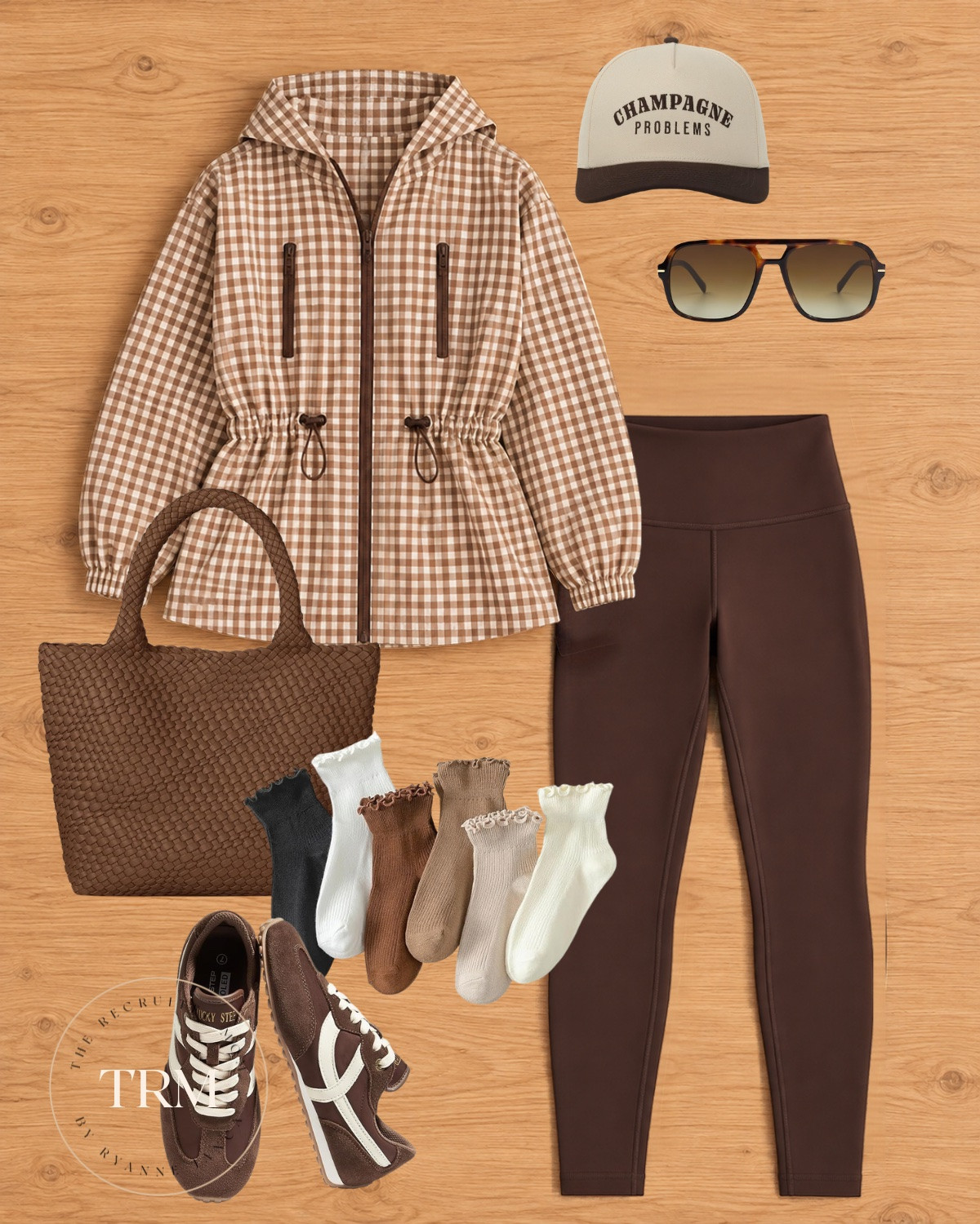 Gingham anorak + brown leggings 🤎 My go-to fall errand outfit! The woven tote, ruffle socks, and "Champagne Problems" cap make it so fun 🧢
 

 