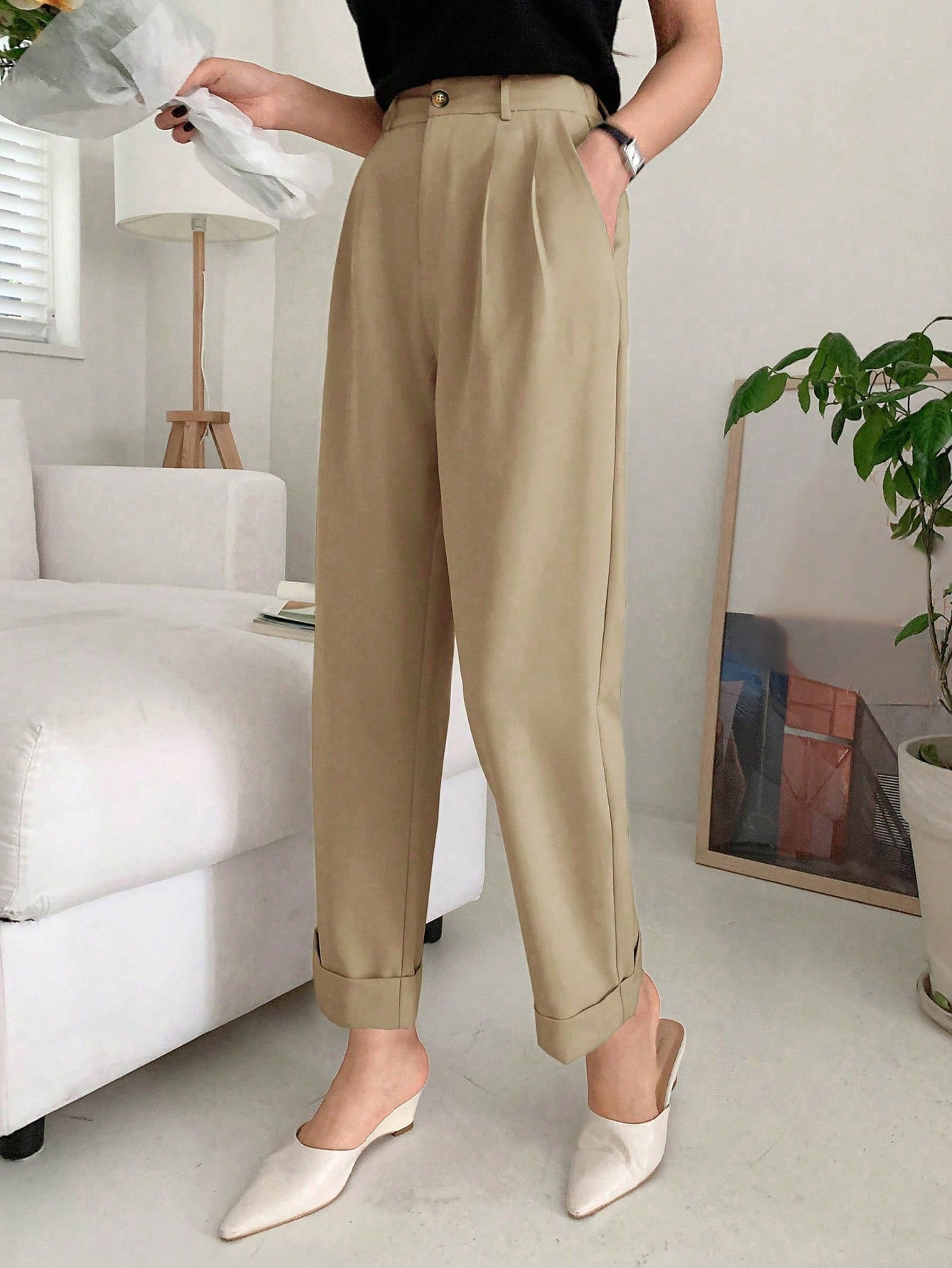 DAZY High Waist Plicated Detail Roll Hem Pants | SHEIN