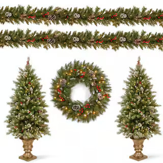 Frosted Berry Assortment Two 4 ft. Entrance Trees with Clear Lights and 24 in. Wreath with Warm W... | The Home Depot