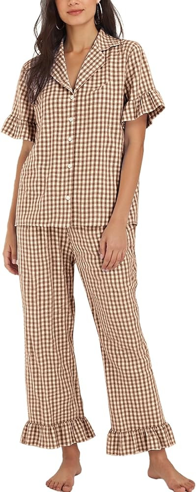 Flygo Womens Plaid Pajamas Sets 2 Piece Cotton Pj Set Ruffled Sleeve Button Down Shirt Gingham Pa... | Amazon (US)