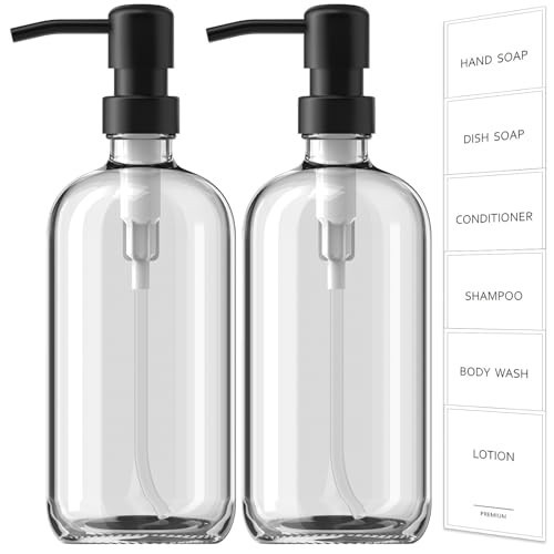 GMISUN Glass Soap Dispenser with Pump, 2 Pack Clear Bathroom Hand Soap Dispenser with Stainless Steel Pump, 16 Oz Refillable Kitchen Hand and Dish Soap Dispensers Set, Modern Liquid Pump Bottles | Amazon (US)