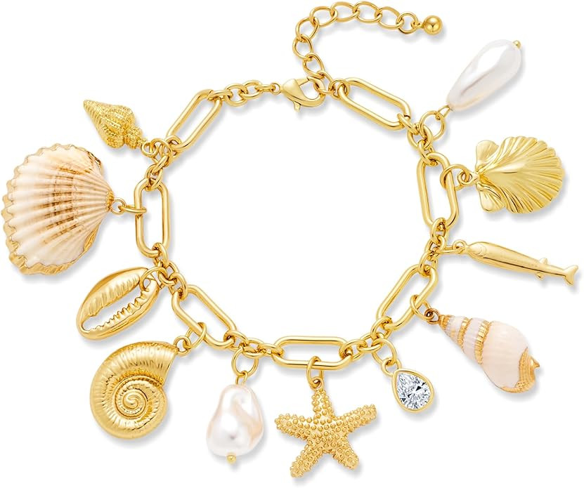 WOWORAMA Gold Shell Charm Bracelet for Women Chunky Gold Seashell Starfish Bracelet Boho Summer B... | Amazon (US)