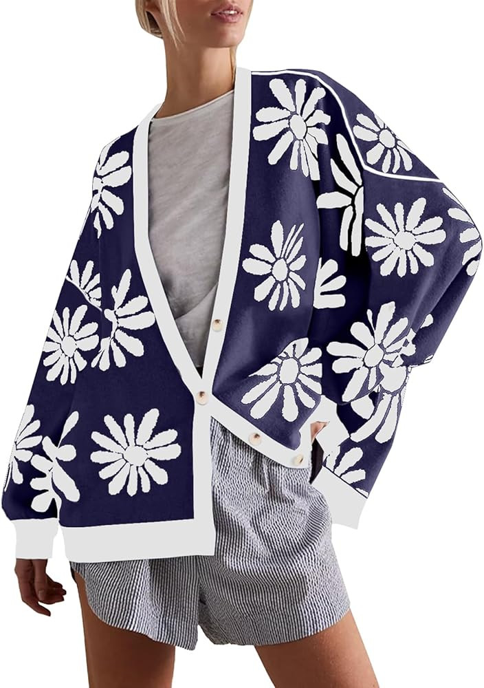 Tanou Womens Floral Cardigan Button Down Long Sleeve Open Front Knit Sweaters | Amazon (US)