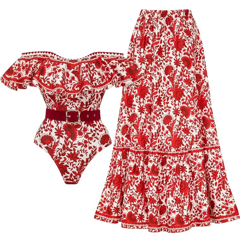 Women's New Fashion Bandeau Ruffled Red Flower Silhouette Print Two Piece Swimsuit Cover Up Tight... | AliExpress (US)