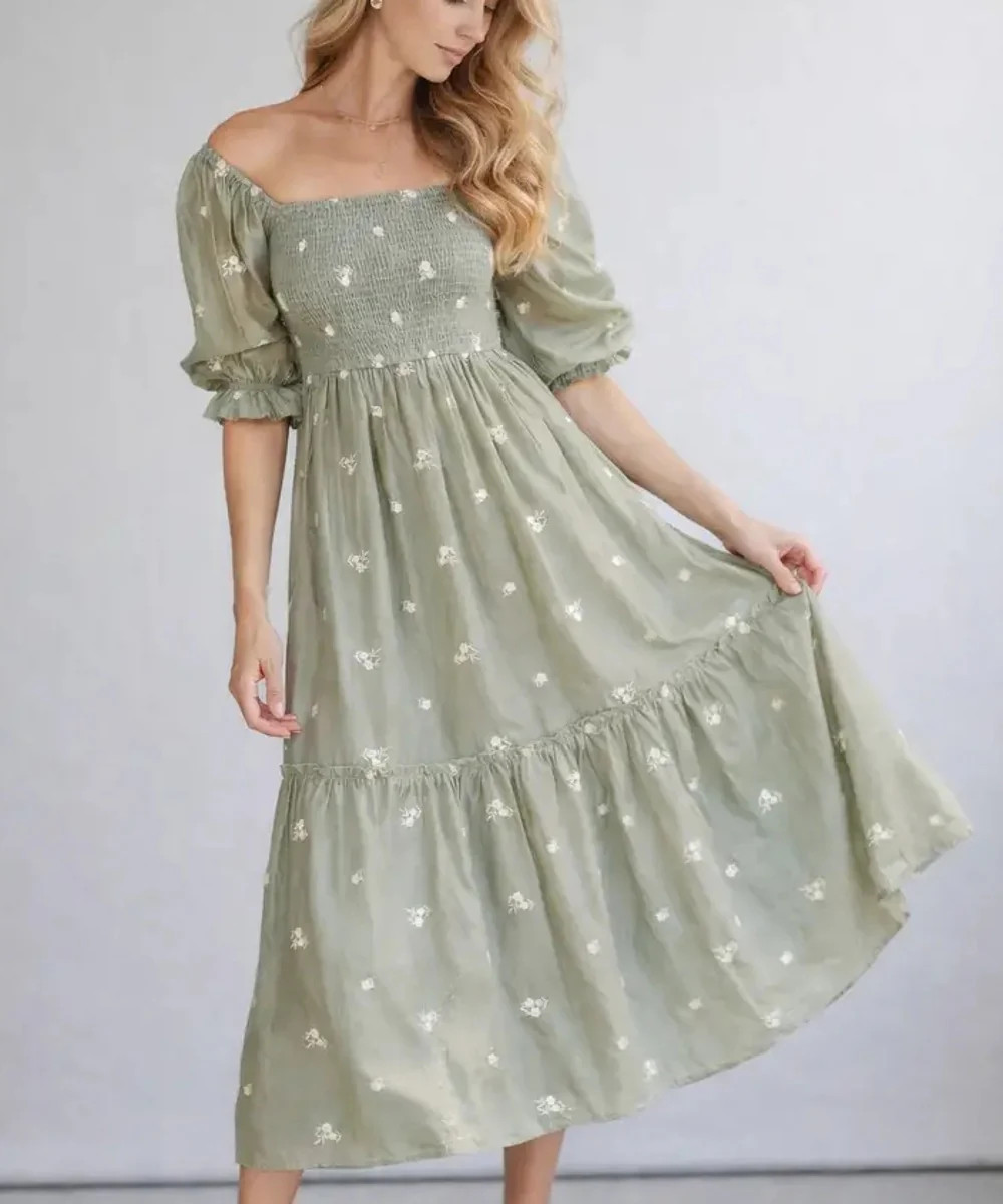 The Samantha Smocked Midi Dress (Sage Green) | Bump City Nashville