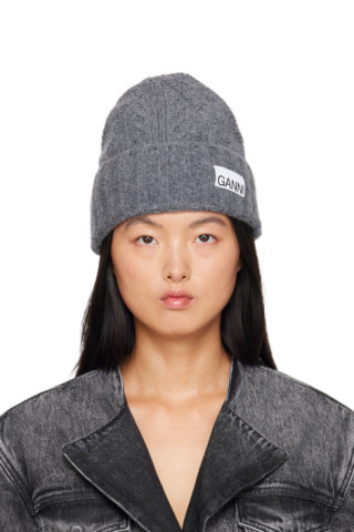 GANNI - Gray Logo Patch Beanie | SSENSE
