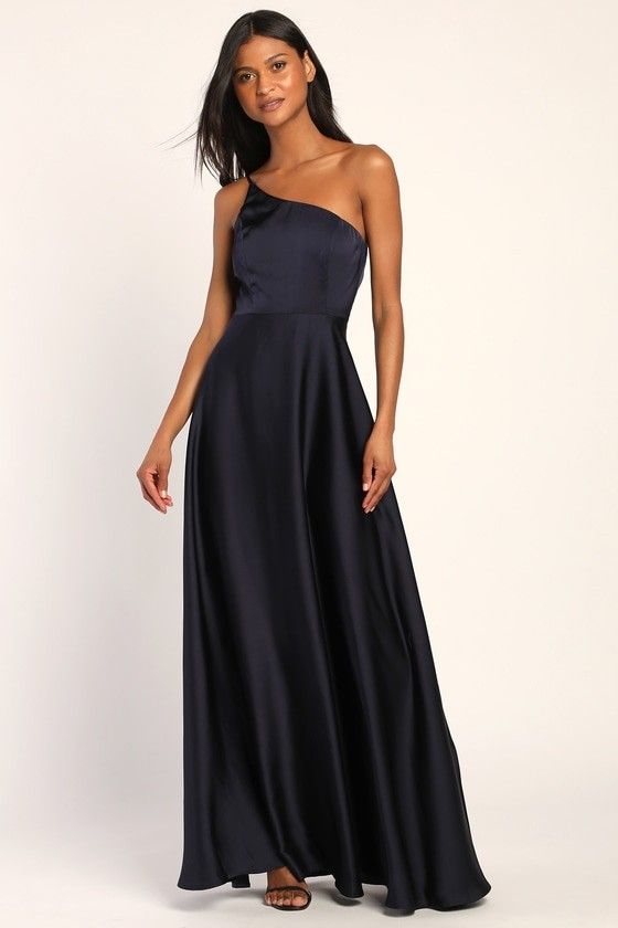 Navy Satin One-Shoulder Maxi Dress | Navy Blue Dress | Fall Maxi Dress | Prom Dress Prom Dresses | Lulus (US)