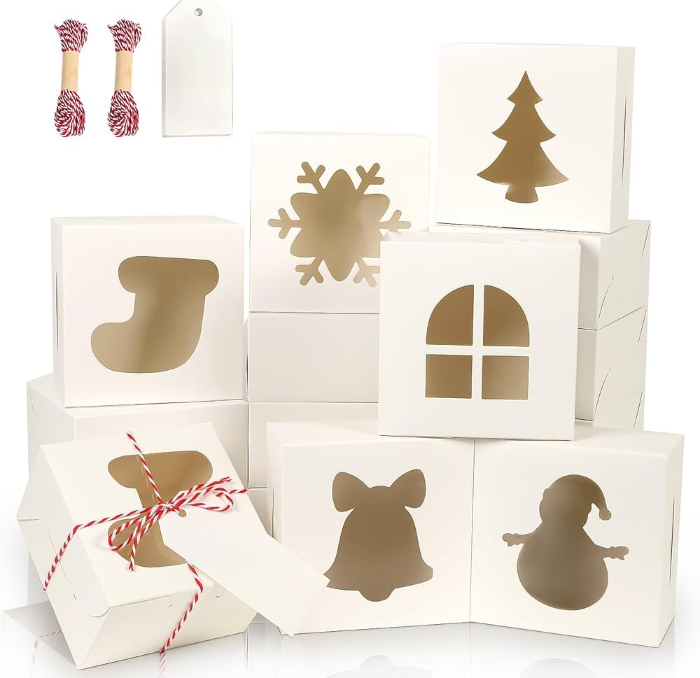 BEAVOING 24 PCS White Bakery Boxes with Window, 4x4x2.5 Inch Christmas Cookie Boxes Small Christm... | Amazon (US)