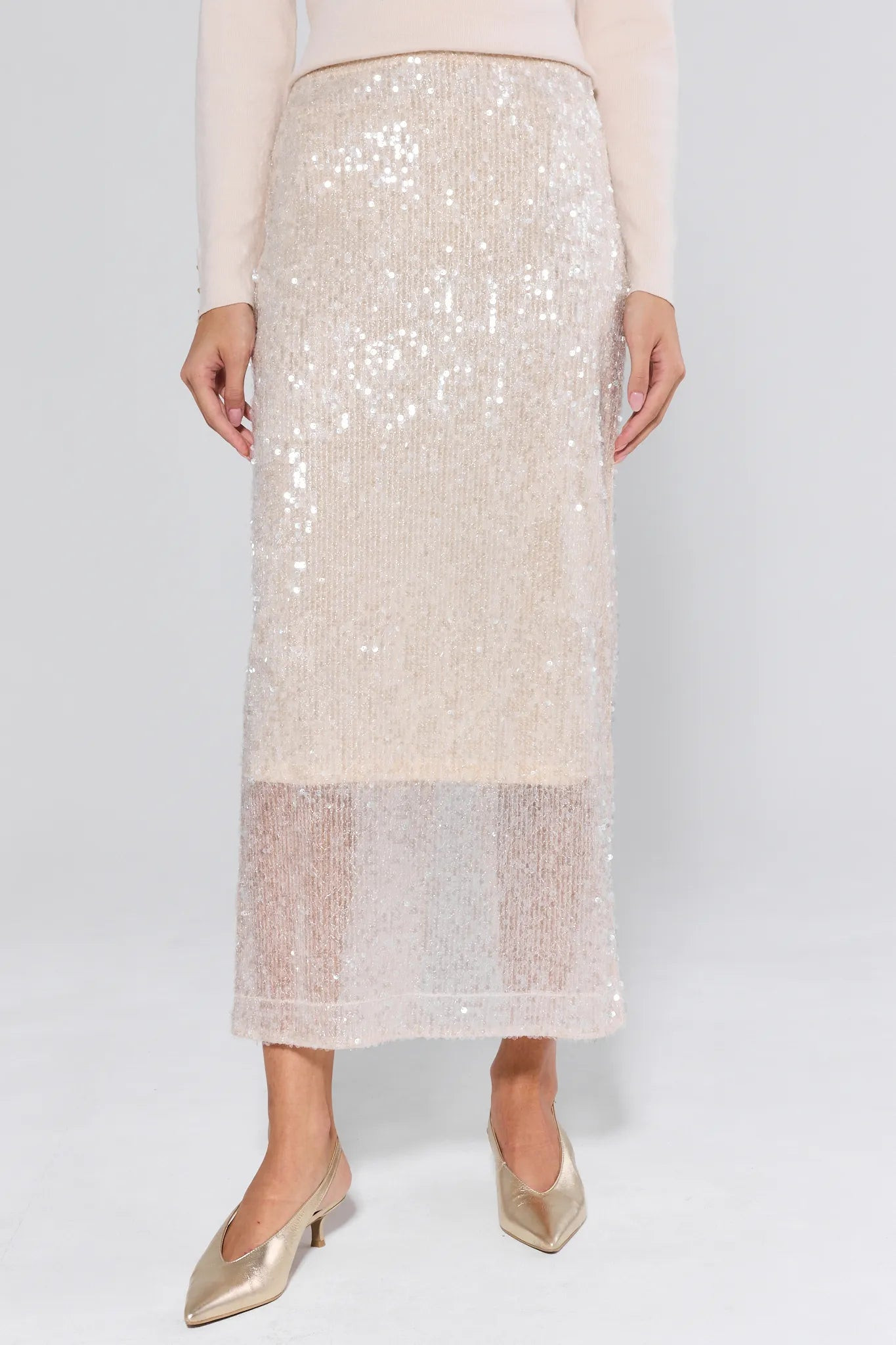 Nicola Ivory Sequin Midi Skirt | Avara