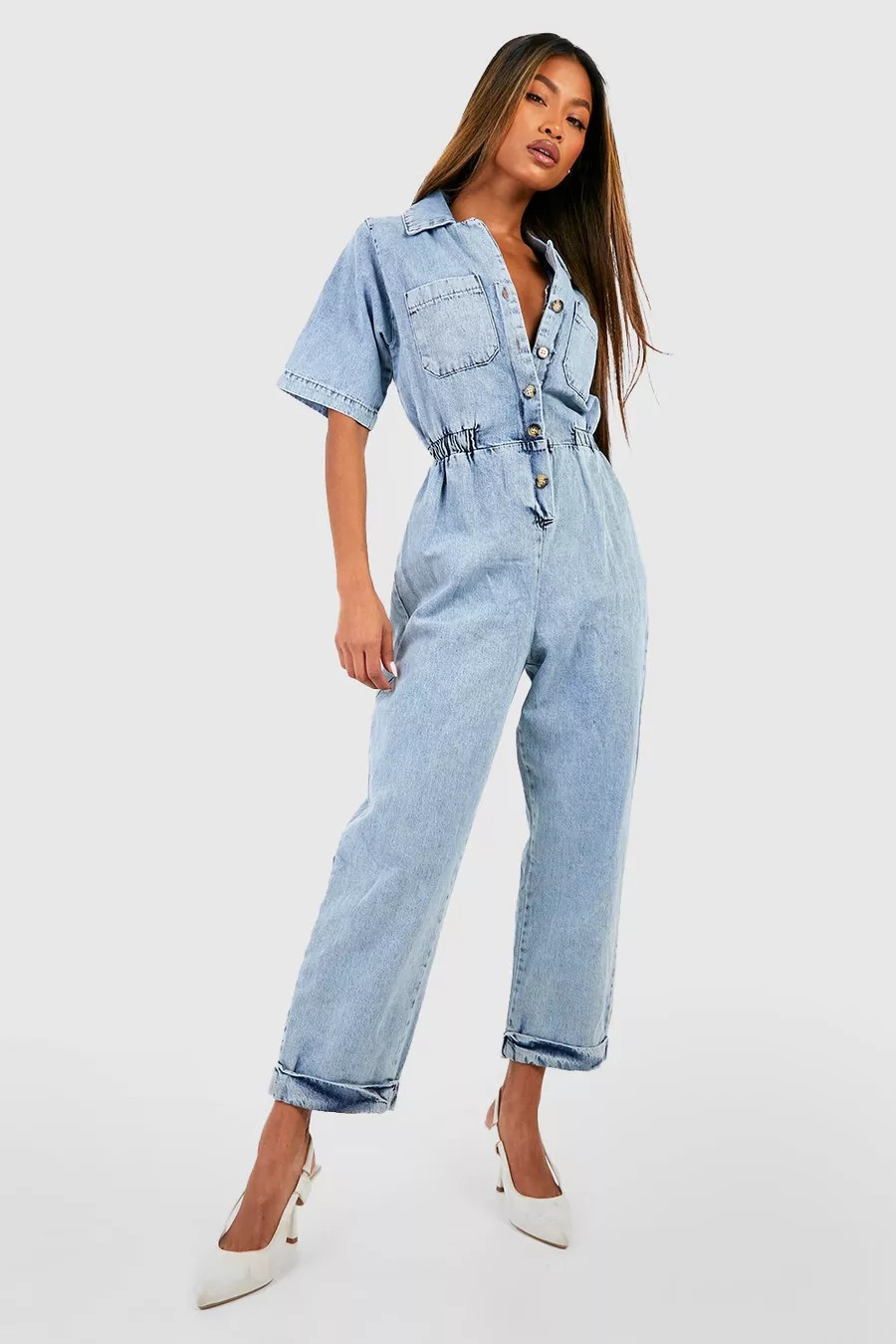 Short Sleeve Denim Boilersuit | Boohoo.com (NL)