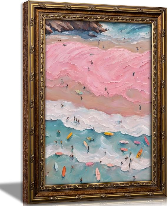Vintage Gold Framed Pink And blue Coastal Surfers Canvas Wall Art 12x16in | Amazon (US)