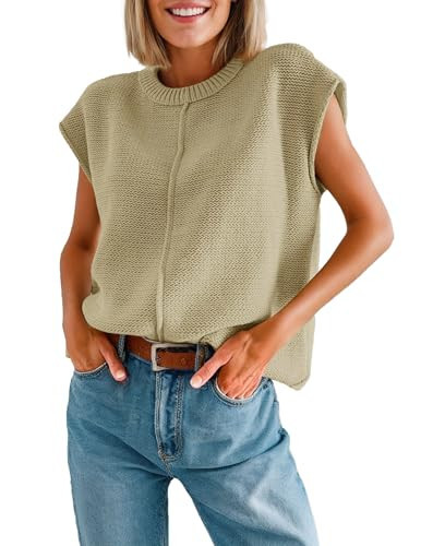 Cnlinkco Knit Sweater for Women Loose Fit Casual Cap Sleeve Tops Solid Lightweight Spring Shirts Khaki M | Amazon (US)