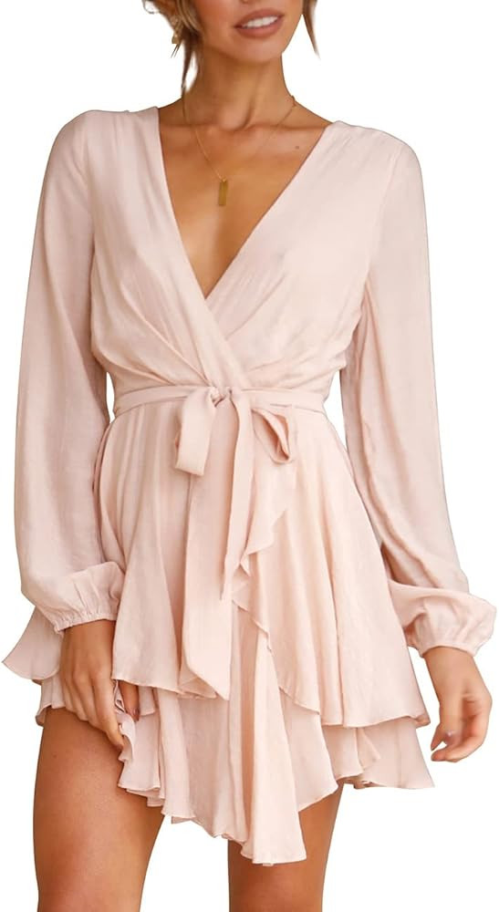 Cosonsen Women's Dress Deep V-Neck Long Sleeve Waist Tie Ruffle Mini Swing Skater Dresses | Amazon (US)