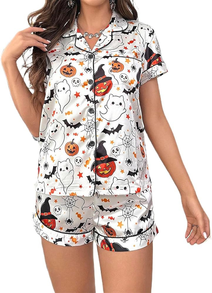 Women Cute Two Piece Pajama Set Y2K Bow Printed Satin Silky Short Sleeve Button Shirts Wide Leg S... | Amazon (US)