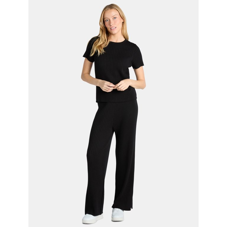 Time and Tru Women's Ribbed Sweater Top and Wide Leg Pants Set, 2-Piece, Sizes XS-XXXL | Walmart (US)