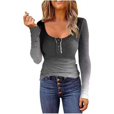 SMihono Clearance Ombre Shirts Blouse for Women Tops Womens Casual Tops Long Sleeve U Neck Gradient  | Walmart (US)