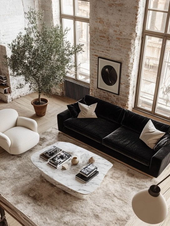  This gorgeous black velvet sofa is the definition of timeless, European-inspired elegance. Set against exposed brick walls and tall windows, the rich velvet upholstery adds depth, softness, and understated luxury to the space. Velvet instantly elevates a living room—during the day it absorbs natural light beautifully, creating warmth and texture, and in the evening it adds a subtle, moody glamour that feels refined and intentional.

Paired with an ivory accent chair, a sculptural marble coffee table, and a statement olive tree, this velvet sofa anchors the room while allowing lighter elements to balance the overall look. The clean silhouette keeps it modern and mid-century inspired, while the fabric choice makes it feel classic and enduring. This style works effortlessly in lofts, apartments, and modern homes, proving that a velvet sofa is both practical and visually striking—comfortable enough for everyday living, yet elegant enough to feel curated and design-forward.

#VelvetSofa #EuropeanHomeDecor #MidCenturyModern

#LTKHome