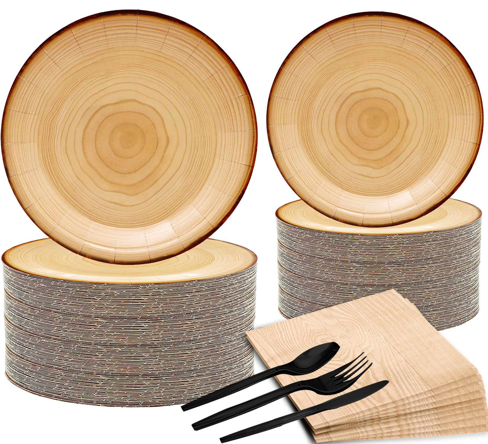 150Pcs Wood Grain Party Supplies Rustic Wood Slice Party Tableware Set 9"& 7"Wood Grain Paper Pla... | Amazon (US)