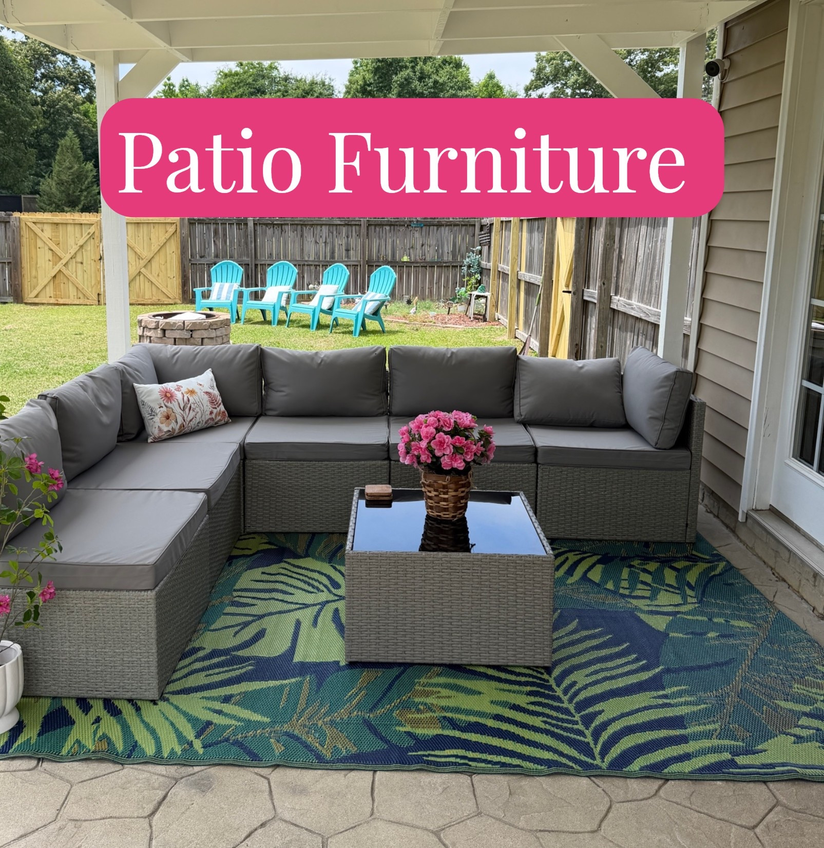 Pamapic 7 Piece Outdoor Sectional Furniture Set, All-Weather Wicker Patio Furniture with Washable Cushions, Waterproof Gray Rattan Conversation Sofa Set for Backyard, Poolside, Garden. Palm Leaf Outdoor Rug by Ashland.

#LTKSeasonal #LTKHome #LTKdayinmylife