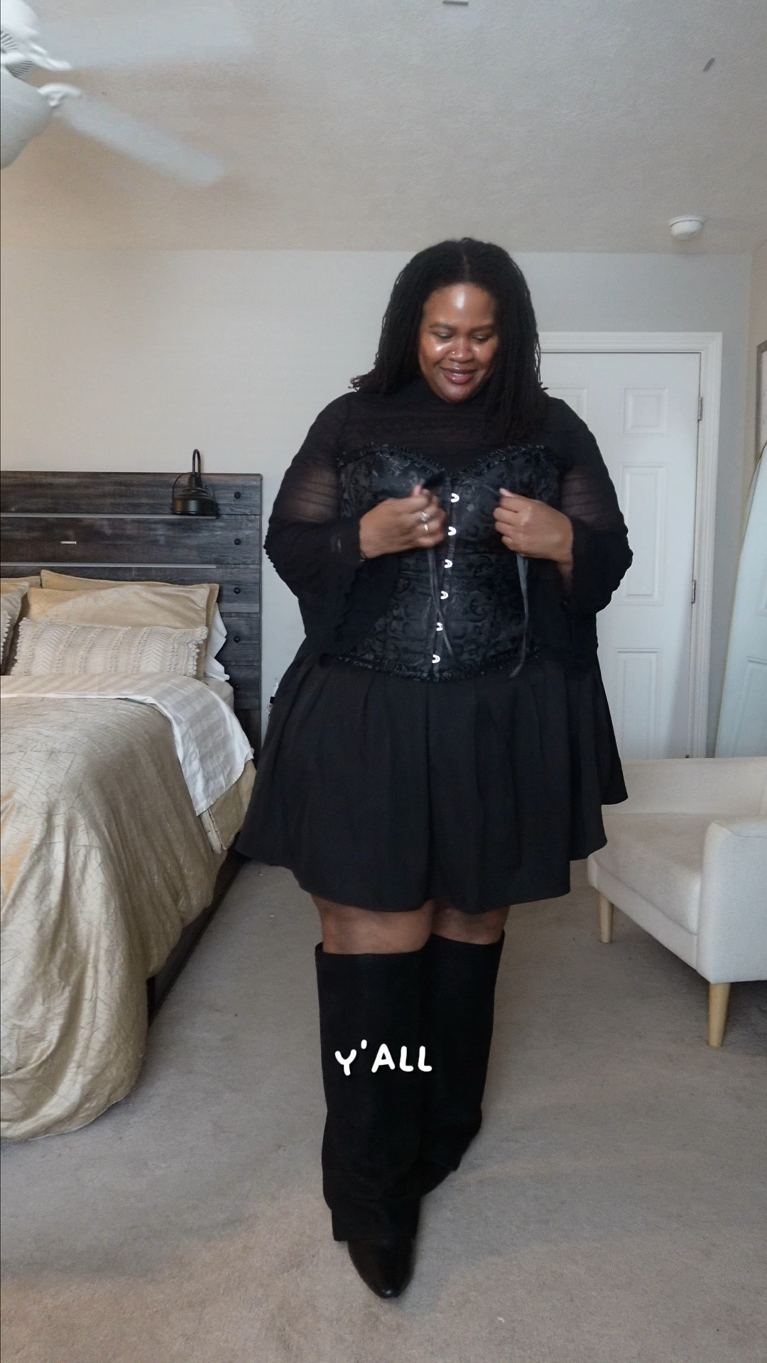 This is definitely giving Wicked!! I found this corset in the TikTok Shop and had to give it a try. So glad that I did! Here is my Elphaba-inspired outfit. I found the same corset on Amazon. The sizing is a little different. The 7Xl I got is for 43-45in waist/bust. With the one on Amazon, the 5X or 6X seem equivalent. Alternatively you can go to my TikTok (@elliemariyo) and grab this exact corset. Everything else is linked here on my LTK! 

I’m wearing the black skirt in a size 24, but I could def size down to a 22. The mesh top is in a size 2 (20/22), and the black boots are in a size 12. I have 20in calves so they are wide calf friendly. Enjoy!! 

#LTKShoeCrush #LTKCyberWeek #LTKootd