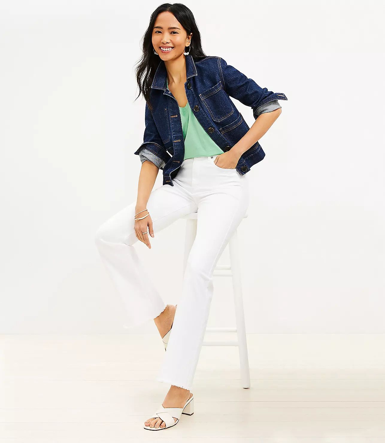 Frayed High Rise Slim Flare Jeans in White | LOFT