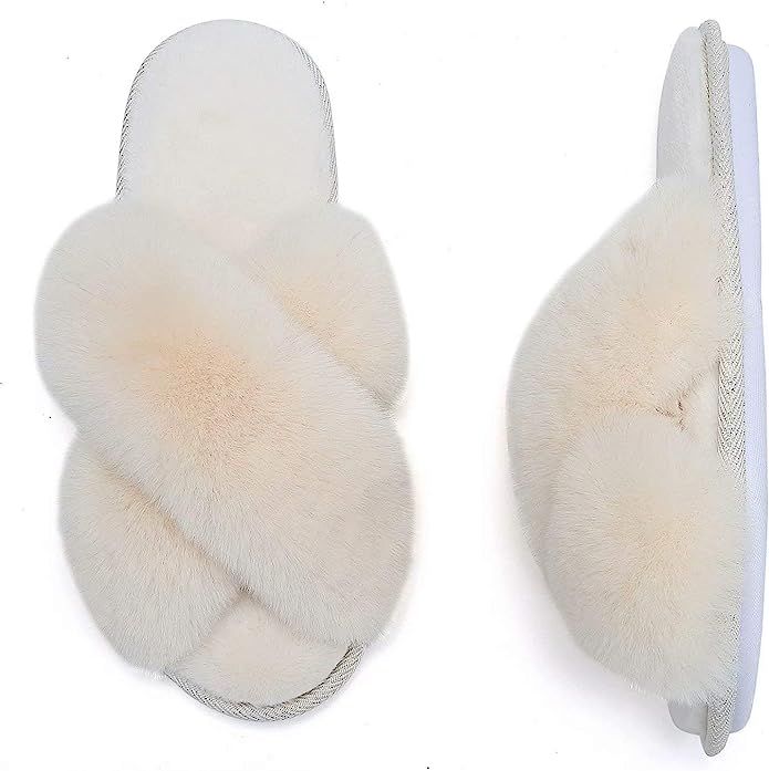 Mabove Womens Slippers Ladies Fluffy Sliders Cross Faux Fur Slippers Open Toes Warm Slippers for ... | Amazon (UK)