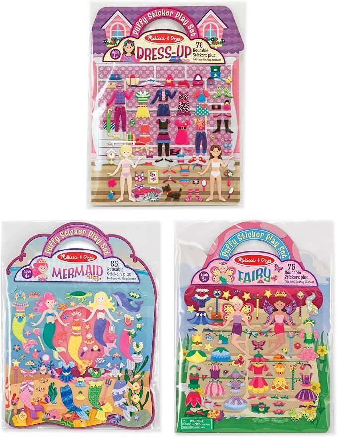 Melissa & Doug Puffy Sticker Play Set 3-Pack, Dress-Up, Mermaid, Fairy Reusable Sticker Activity ... | Amazon (US)